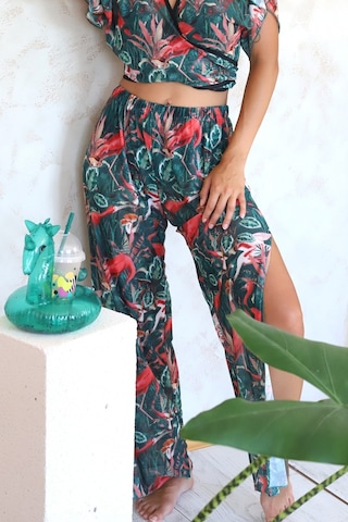Plaj Pantalon Pareo Yazlık Kapalı Yırtmaçlı Lastikli Şifon Tül Kumaş S-M Yüksek Bel Flower Yeşil