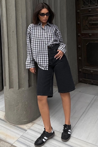Madmext Siyah Oversize Kareli Kadın Gömlek Mg2822