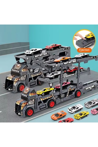 6 Adet Metal Arabalı Fırlatma Fonksiyonlu Dev Tır Seti - 45cm Katlanabilir Garaj Oyuncak Kamyon Çok Renkli