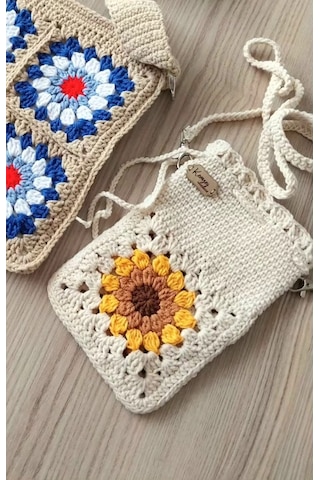Kemzey Handmade Çiçekli Telefon Çantası, Motifli Tığ İşi Telefonluk, El Yapımı Telefon Kılıfları Taş - Sarı