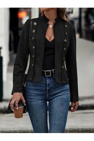 Kadın Uzun Kollu Hakim Yaka Yanlardan Düğmeli Kısa Süet Ceket Siyah