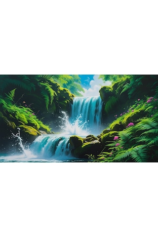 Doğa Ve Manzara Yatay Canlı Şelale Yemyeşil Bitki Örtüsü, Su Sıçramaları, Kayalar Parlak Mavi Gökyüzü 07 Çerçevesiz 90x60cm Pvc Tablo