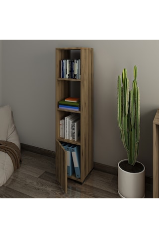 Kuzey 4 Raflı, Kapaklı Minimal Beyaz Kitaplık Antik Ceviz