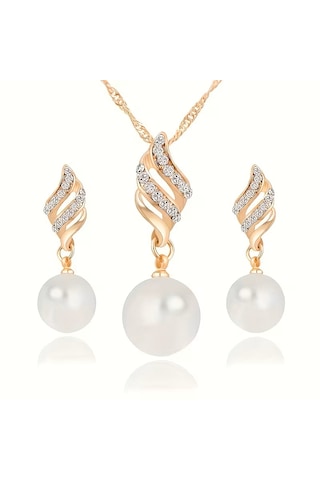 İnci, Zirkon Taş İşlemeli, Gümüş, Altın Kaplama, Takı Seti Kolye Küpe , Yeni Yıl, Gold