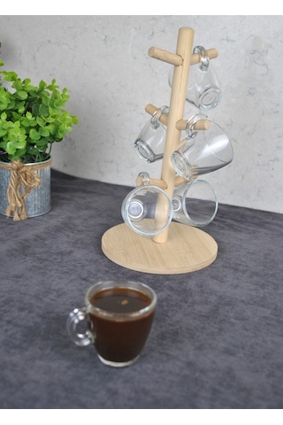 6 Kişilik Ahşap Standlı Mini Kahve Bardağı Seti 75 Ml Paşabahçe Espresso Bardak Şeffaf