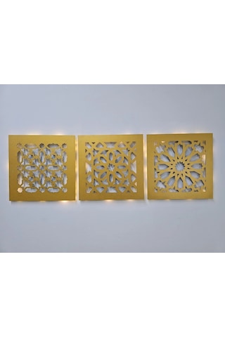 Led Işıklı Motif Tablo 3 Lü Set - 30x30cm Gold