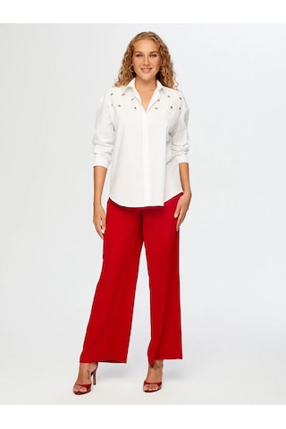 Faik Sönmez Taşlı Trok Aksesuarlı Poplin Kadın Gömlek W26gml008 Beyaz