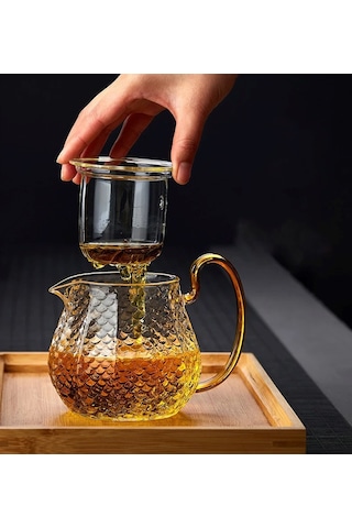 Qerhome Borosilikat Cam Buzlu Gold Saplı Bitki Çayı Demliği 550 Ml Altındem Şeffaf