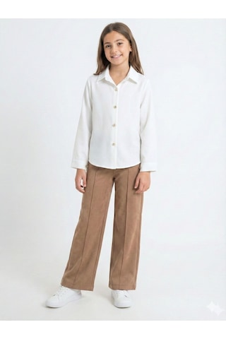 Xo Kids Bej Püsküllü Pançolu Gömlekli Ve Bol Paça Pantolonlu 3lü Kız Çocuk Takım 8-14 Yaş 4430 Ekru