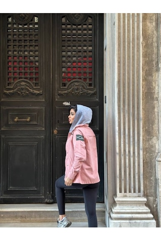 Kadın Ek Parça Kapüşon Kol Arma Detay Gabardin Ceket Pembe