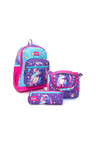 Wia Kız Çocuk Unicorn Desenli 3'lü Okul Çanta Seti Pembe