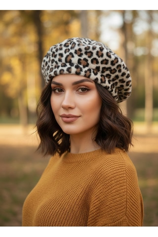 Derikem Fransız Tüylü Peluş Ressam Bere Kadın Şapka Leopar-ekru