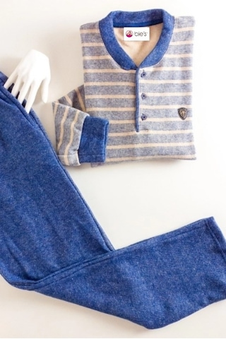 Erkek 3 Düğme Çizgili Kışlık Pamuklu Selanik Kumaş Uzun Manşetli Kol Cepli Pijama Takımı Mavi-gri