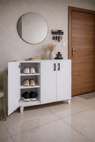 105 Cm 3 Kapaklı Beyaz Renk Ayakkabılık