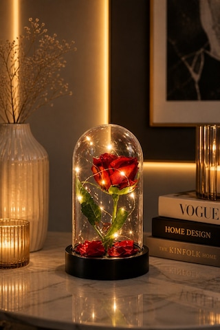 Led Işıklı Cam Fanus Solmayan Gül Sevgiliye Romantik Özel Gün Hediyesi Dekoratif Gece Lambası