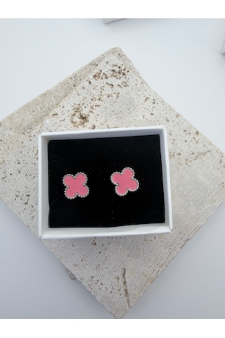 Çelik Yonca Küpe Renkli Mineli Gold Kadın Küpe 1 Cm Minimal Günlük Küpe Pembe
