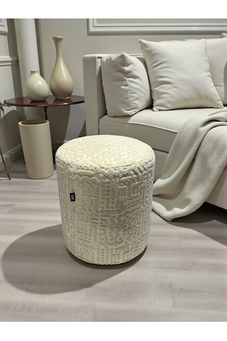 Prime Dokulu Geometrik Desenli Silindir Puff Lüks Dekoratif Oturma Pufu Krem