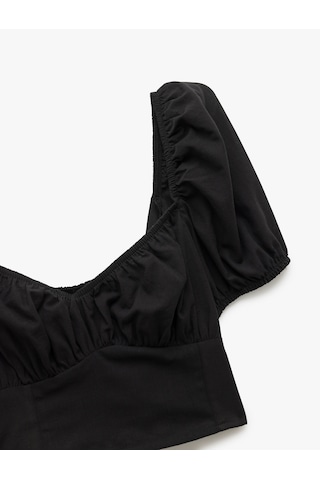 Koton Pamuklu Kare Yaka Kısa Balon Kol Crop Bluz Siyah 5sak30075ew Siyah