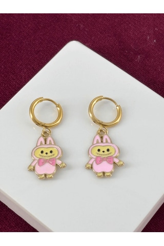 Pembe Renkli Labubu Gold Küpe Gold