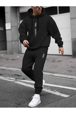 Altamira Erkek Siyah Dikey Baskılı Oversize Eşofman Takımı 001
