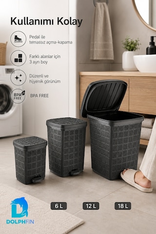Jute 3 Lü Pedallı Çöp Kovası Seti Kapaklı Büyük Boy Plastik Banyo Mutfak Ofis Atık Kovası Siyah