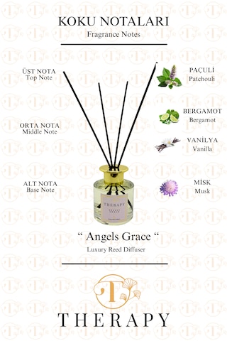 Therapy Smell, Angels Grace - Lüks Çubuklu Oda Kokusu / 120 Ml / Extra Clear Silindir Cam Şişe / Platform Altın Kapak Oryantal