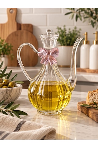 Qerhome Pembe Fiyonk Tasarımlı Borosilikat Cam Glorry Yağlık Veya Sirkelik 750 Ml 1 Adet Çizgili Tasarım Şeffaf