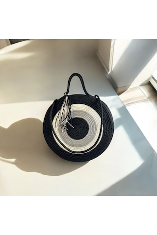 Hasır Çanta, Silindir Çanta, Tasarım Çanta, Silindir Siyah Nazar El Çantası Siyah - Gri - Bej