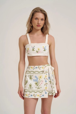 Ollacollection Nakış Detaylı Crop Bluz Ekru