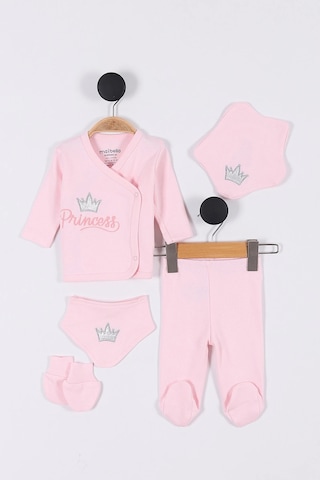 Prenses Desenli Müslin Kız Bebek Hastane Çıkışı Bebek Kıyafetleri Yenidoğan Hastane Çıkış Seti 5 Li Pembe