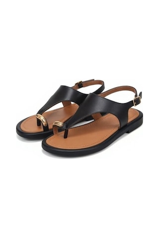 Ne&ve Shoes Siyah Hakiki Deri Aksesuar Detaylı Parmak Arası Kadın Arkadan Tokalı Sandalet