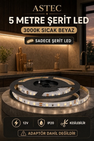 Astec 12v Şerit Led 5 Metre / 10 Metre Yapışkanlı Kesilebilir İç Mekân Aydınlatma Trafo Hariç Bütün Renkler