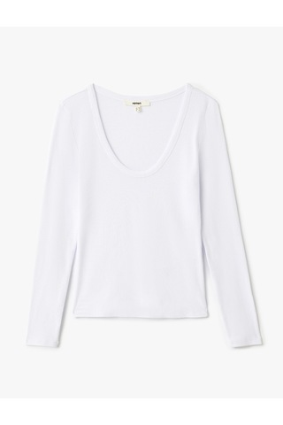 Koton Pamuklu Uzun Kollu U Yaka Slim Fit Fitilli Tişört Beyaz 5sak50232ek