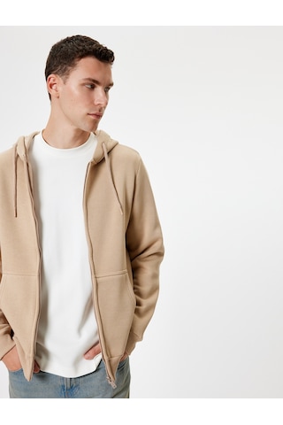 Koton Fermuarlı Sweatshirt Kapşonlu Cep Detaylı Pamuk Karışımlı Bej 5wam70016mk Ekru