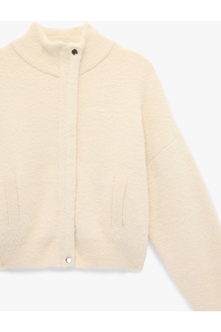 Koton Koton X Sibil Çetinkaya - Uzun Kollu Dik Yaka Fermuarlı Peluş Hırka Ekru 6wak90398ht