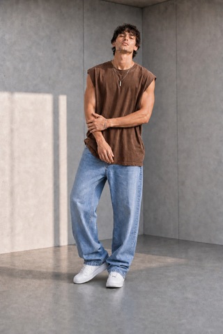 Thiff Erkek Oversize Kolsuz T-shirt Tişört Atlet Kahverengi