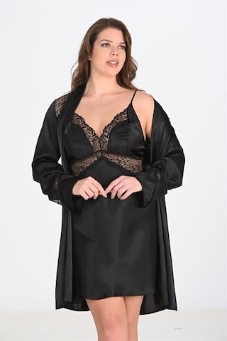 Büyük Beden 2li Siyah Sabahlık Takımı Bigsize Siyah