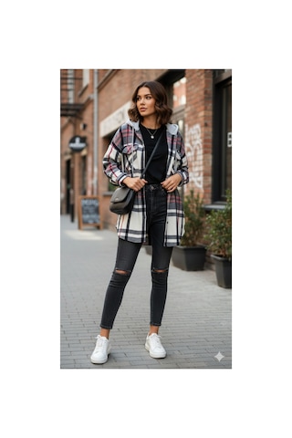 Polologin Butik Kapüşonlu Ekose Gömlek Ceket - Siyah/beyaz/kırmızı Desenli Lacivert