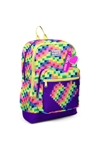 Coral High Kız Çocuk Mor Piksel Kalp Desenli İlkokul Sırt Çantası Dört Bölme 33208