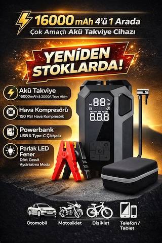 Merwish 16000mah 4'ü 1 Arada Akü Takviye Cihazı 2000a Hava Kompresörü Powerbank Led Fener Dijital Ekran Çantalı