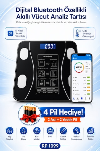 Repai Akıllı Baskül Vücut Analizli Yağ Su Kas BMI BMR Ölçer Dijital Tartı