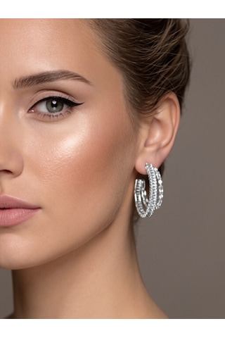 İkili Yarım Halka Model Zirkon Taşlı Antialerjik Vip Halka Silver Renk Küpe Antialerjik Silver