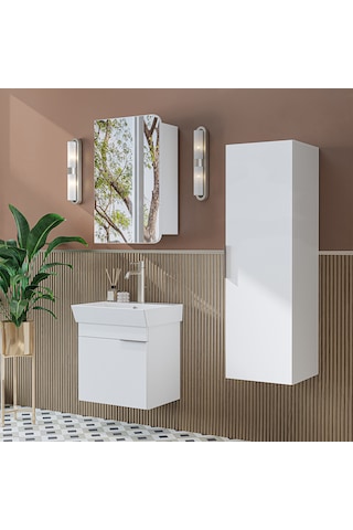 Likya Kapaklı Lavabolu 50 Cm Banyo Alt Dolabı + Üst Dolabı + Banyo Boy Dolabı Beyaz