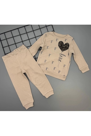 Kız Çocuk Leopar Desenli Kalp Baskılı Alt Üst İkili Gündelik Takım 1-4 Yaş Kahvrengi