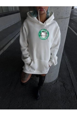 Valensdesign Üç İplik Penye Uzun Kol Kapşonlu Sweatshirt - Beyaz