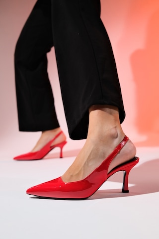 Luvishoes Flem Kırmızı Rugan Kadın Sivri Burun Arkası Açık İnce Topuklu Ayakkabı Kırmızı Rugan