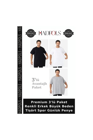 Hadpols Premium 3'lü Paket Renkli Erkek Büyük Beden Tişört Spor Günlük Penye Beyaz Siyah Gri