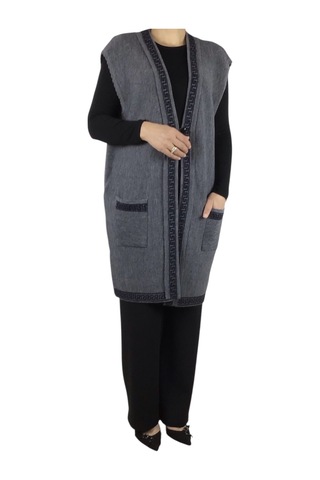 Kadın Önü Üç Düğmeli Desenli Cepli Kalın Büyük Beden Yelek Gri
