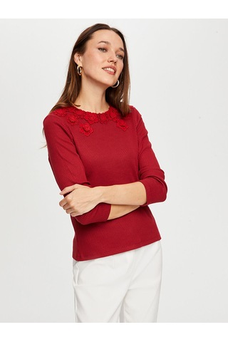 Dantel Çiçek Aplikeli Yuvarlak Yaka Kaşkorse Tshirt W26tsh070 Uw26tsh07040 Bordo
