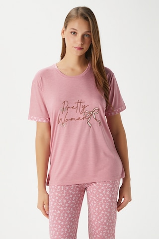 Ritnice Kadın Pretty Woman Viskon Bisiklet Yaka Kısa Kol Pembe Alt Üst Pijama Takımı Pembe